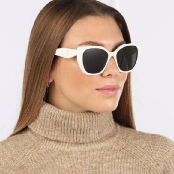 Prada PR19ZS 1425S0 Sunglasses Talc White Dark Grey Rectangle Women - Picture 5 of 11